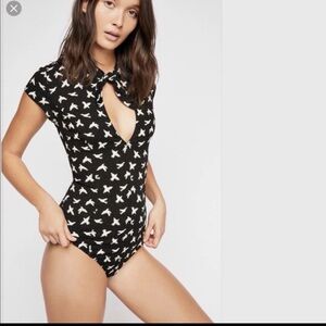 Free People Beautiful White Bird Print Bodysuit